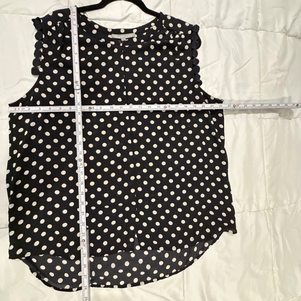 Sleeveless Polka Dot Blouse Work Office Top Pom Trim Lightweight Flowy - Picture 7 of 12